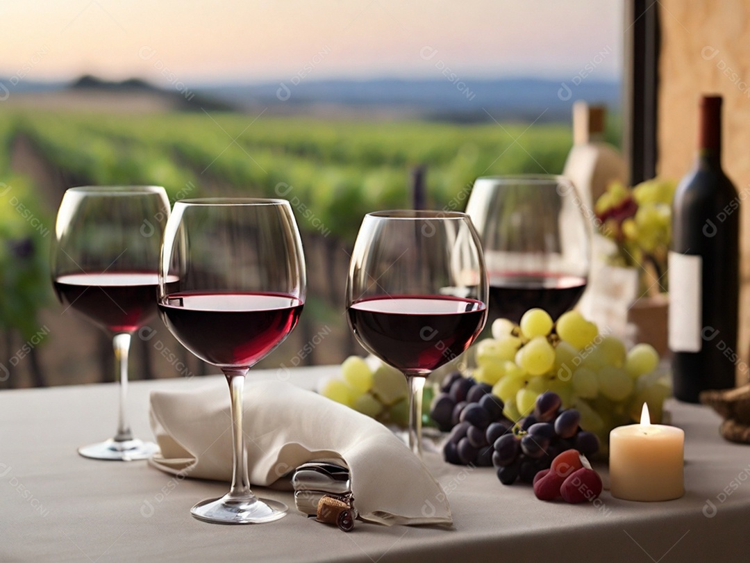 Mesa de centro decorada para jantar com frutas e taças de vinho