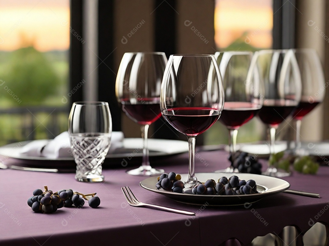 Mesa decorada para jantar com garrafa de vinho e frutas