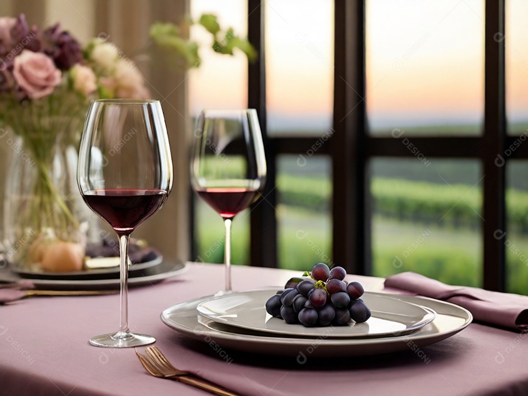 Mesa posta para jantar com taças de vinho