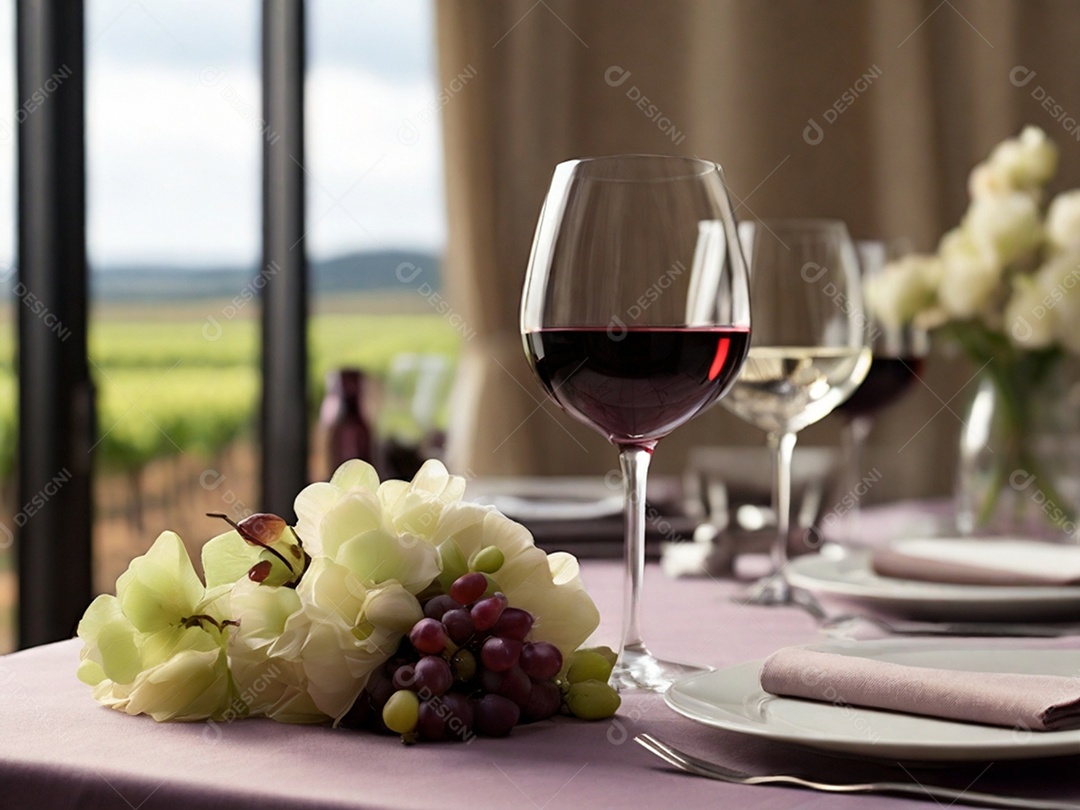 Mesa posta para jantar com taças de vinho