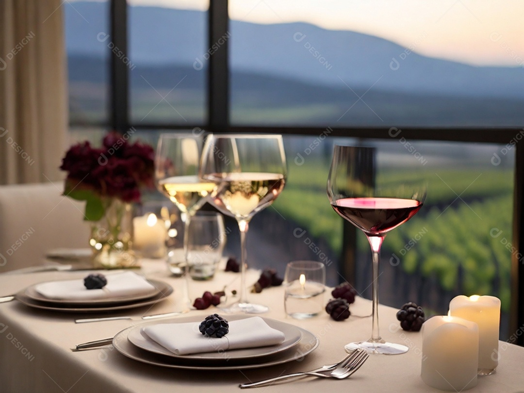 Mesa posta com taças de vinho