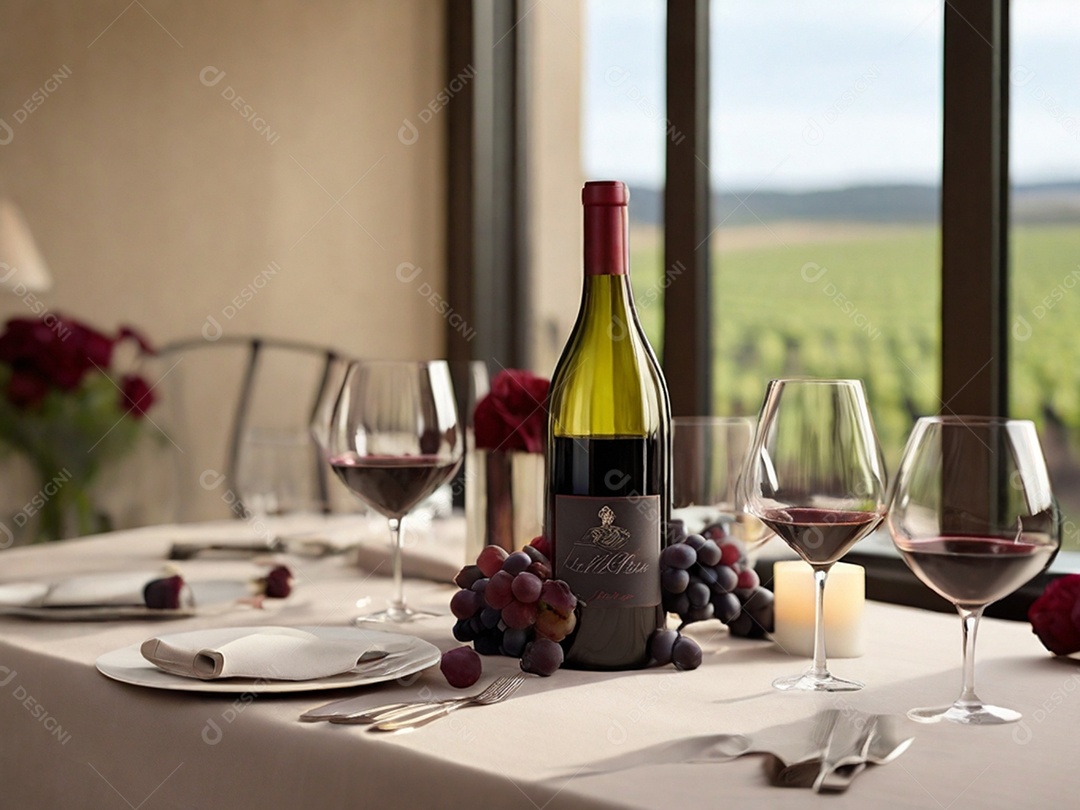 Mesa posta com garrafa de vinho e taças