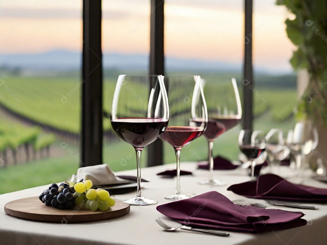 Taças de vinho em mesa posta para jantar de gala