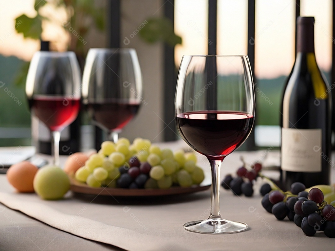 Mesa de jantar com bandeja com taça de vinho