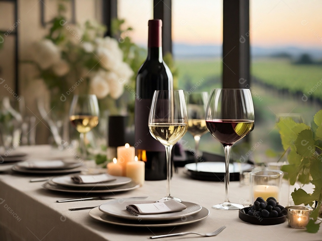 Mesa posta linda com garrafa e taças de vinho