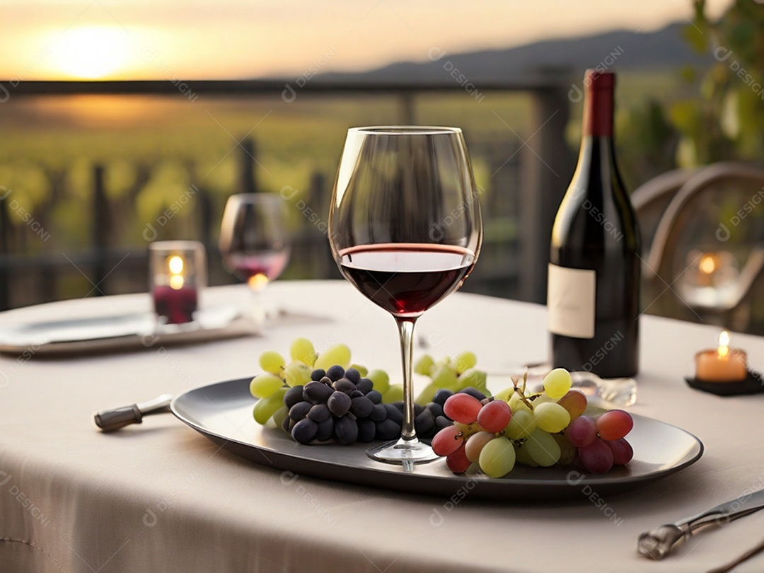 Jantar romântico com taça de vinho e frutas numa bandeja