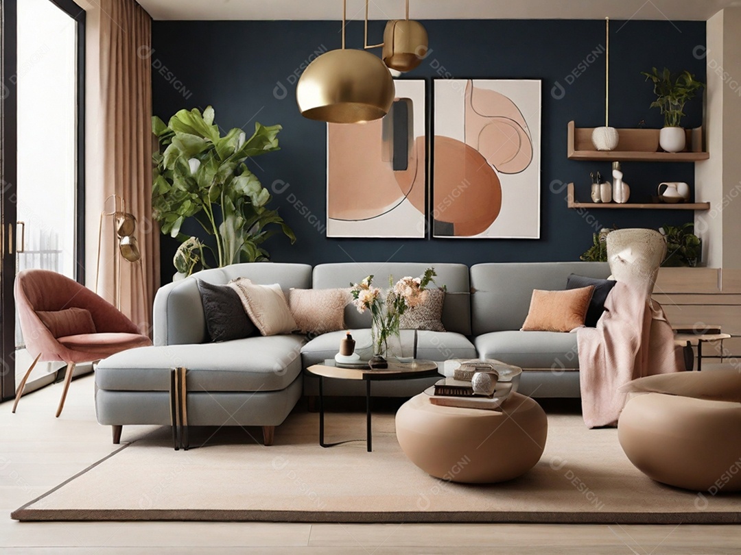 Sala de estar moderna linda com mesa de centro ilustres