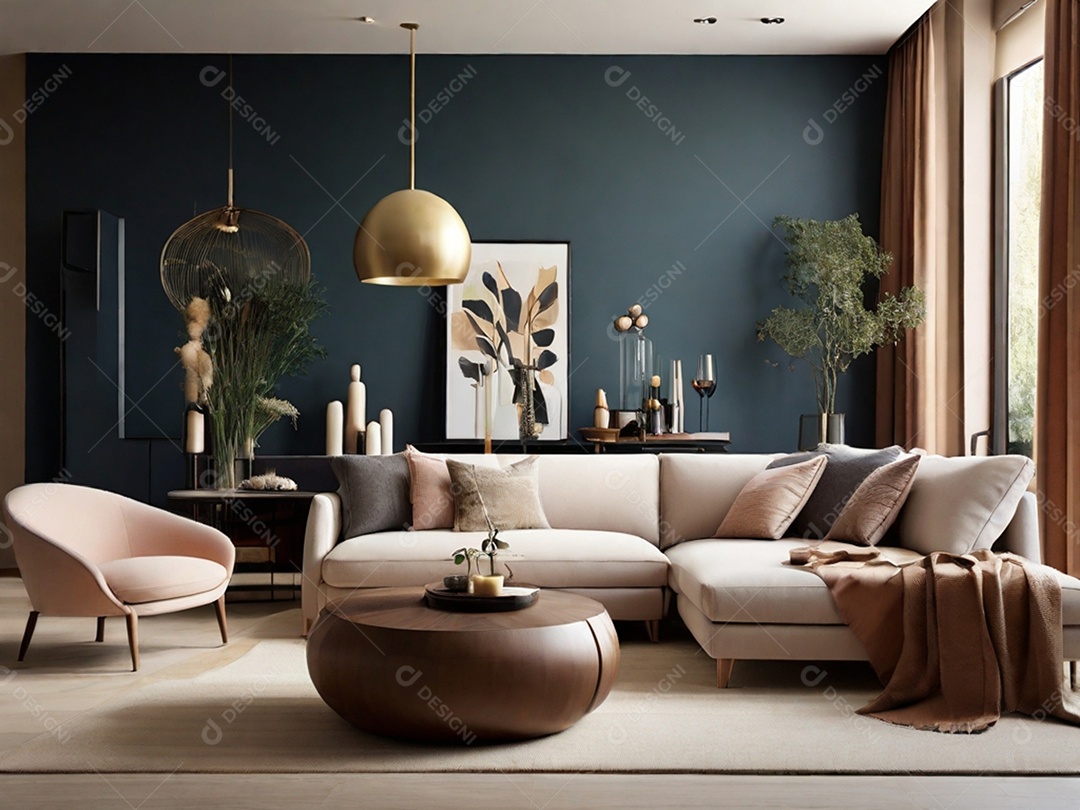 Sala com designer com sofá e plantas