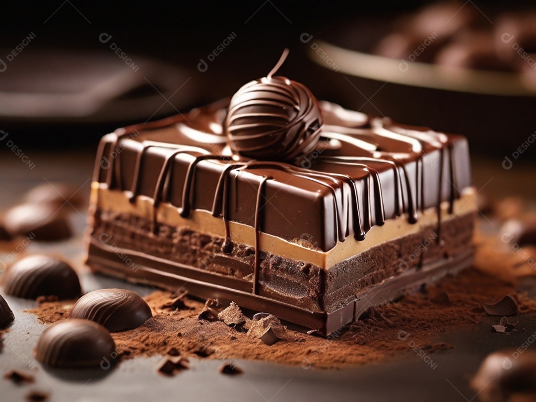 Fatia de bolo de chocolate com brigadeiro