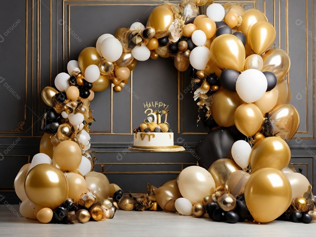 Balões dourado e brancos para aniversário