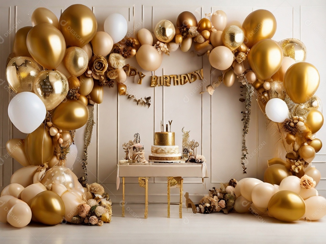 Balões dourado e brancos para aniversário