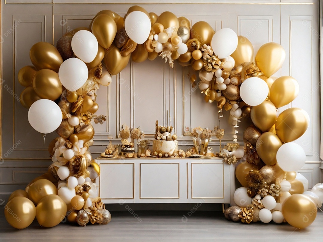 Decoração balões brancos e dourados para aniversário