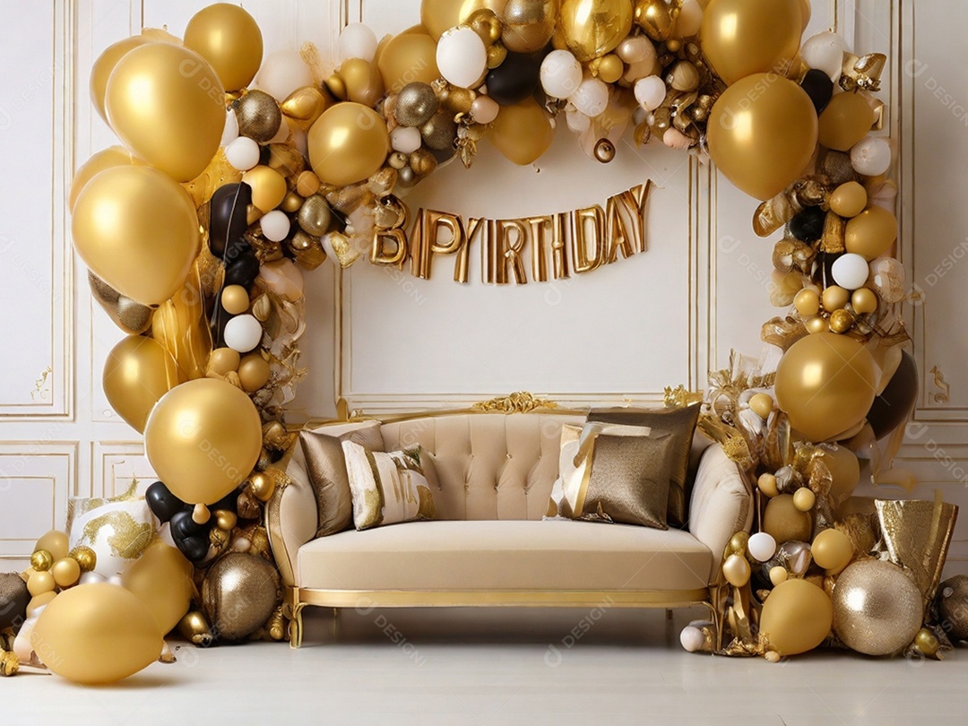 Cantinho aconchegante e dourado para fotos em evento