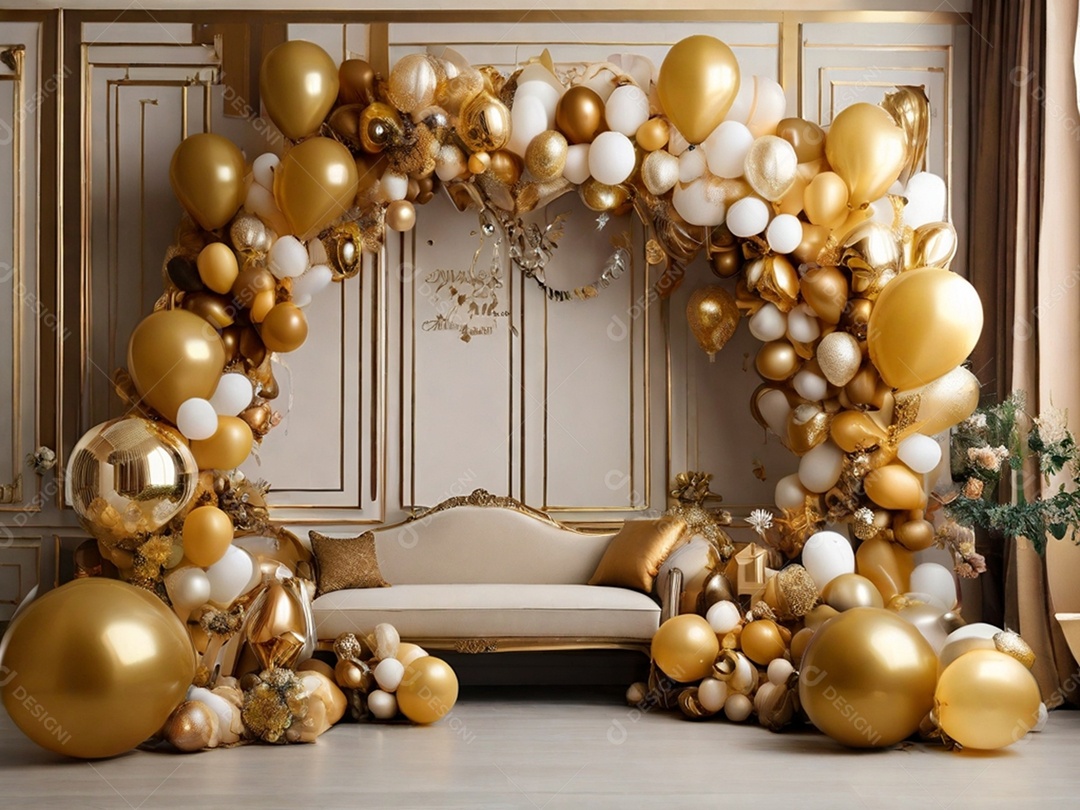 Cantinho aconchegante e dourado para fotos em evento