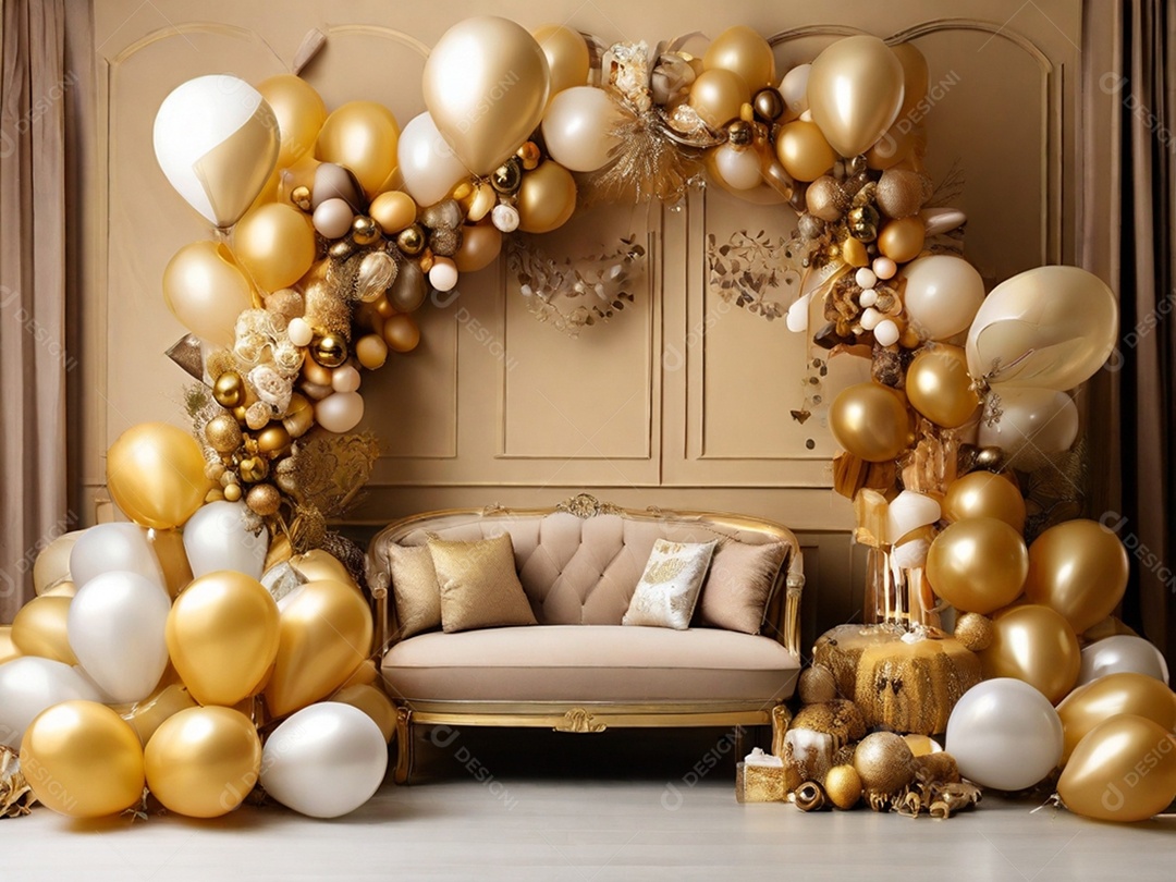 Cantinho aconchegante e dourado para fotos em evento