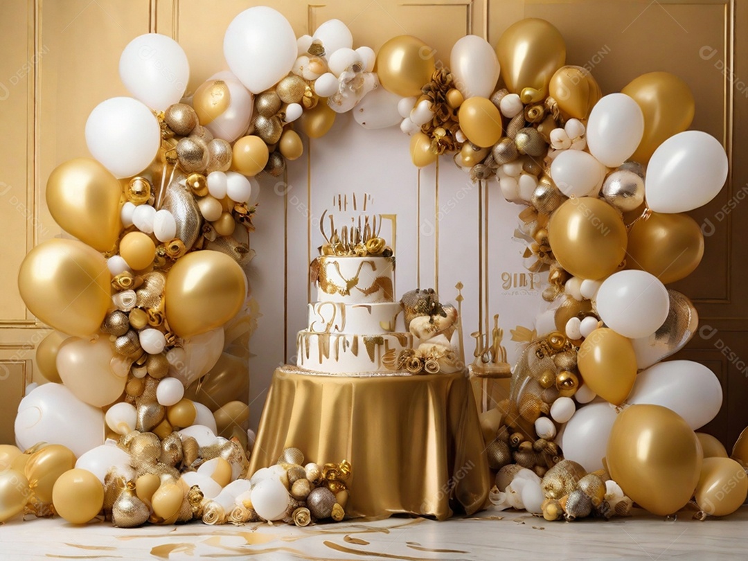 Balões dourado e brancos para aniversário