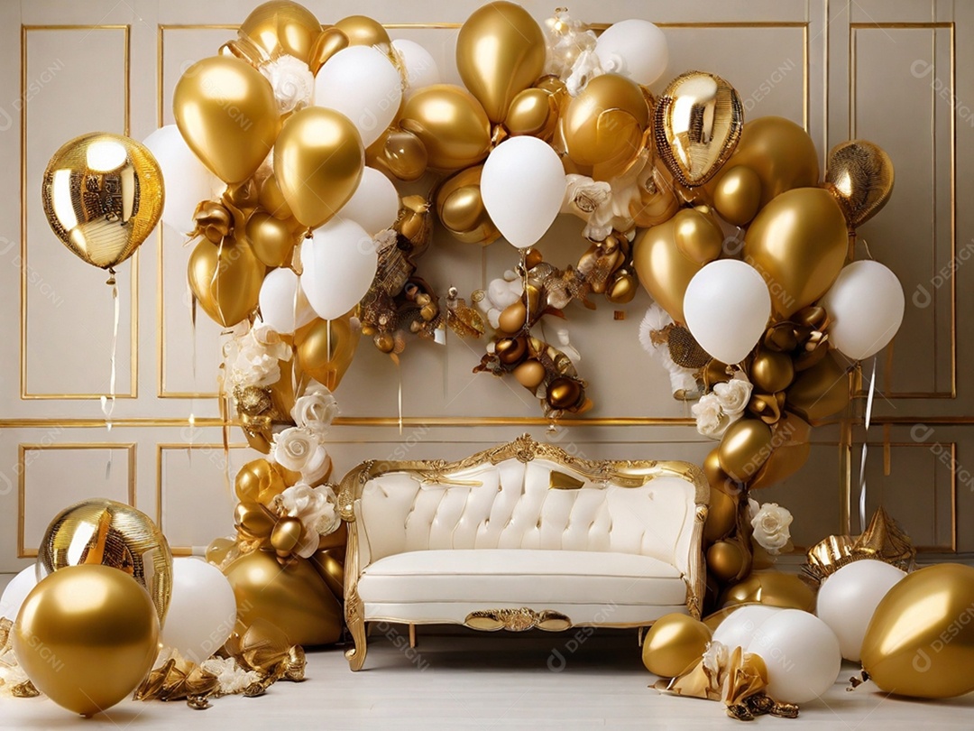 Cantinho aconchegante e dourado para fotos em evento