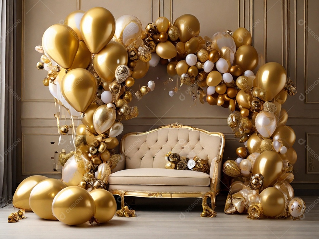 Cantinho aconchegante e dourado para fotos em evento