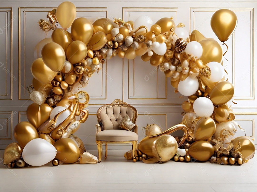 Cantinho aconchegante e dourado para fotos em evento