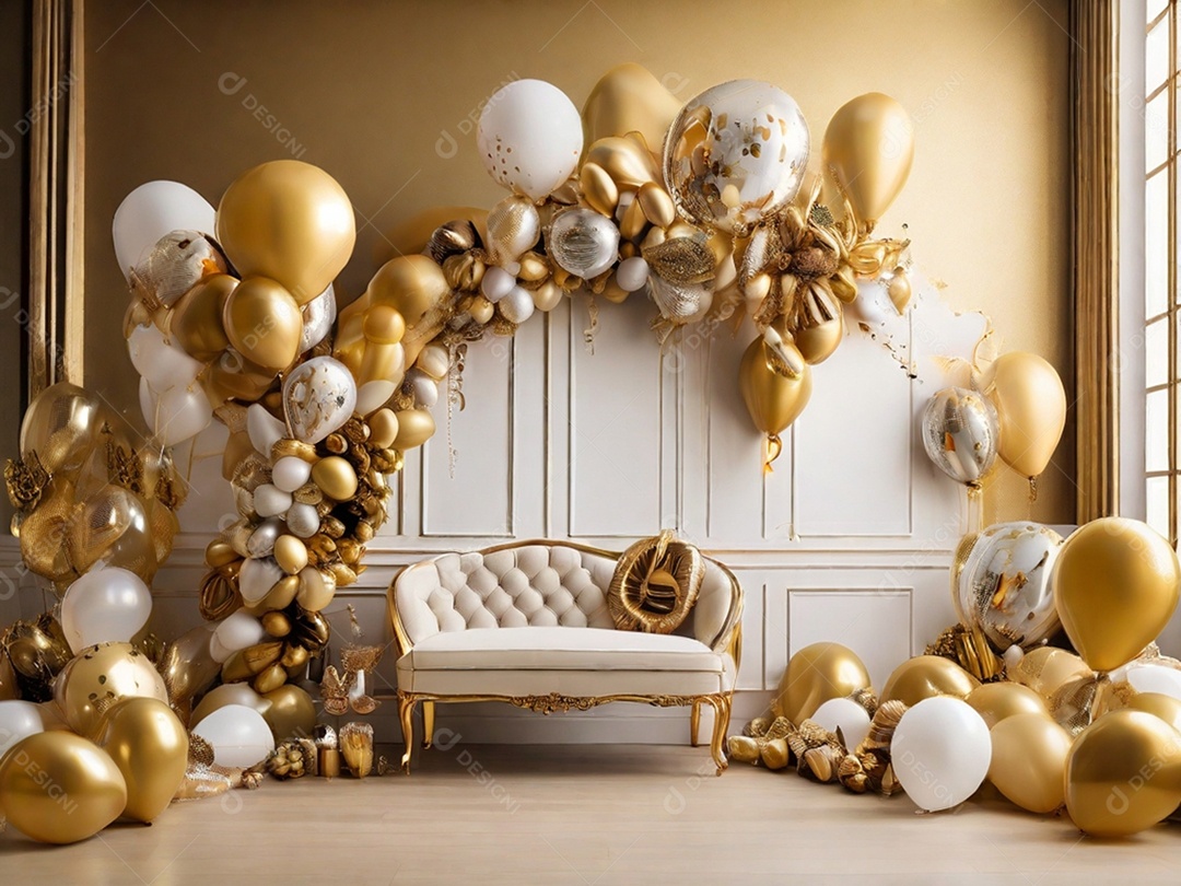 Cantinho aconchegante e dourado para fotos em evento