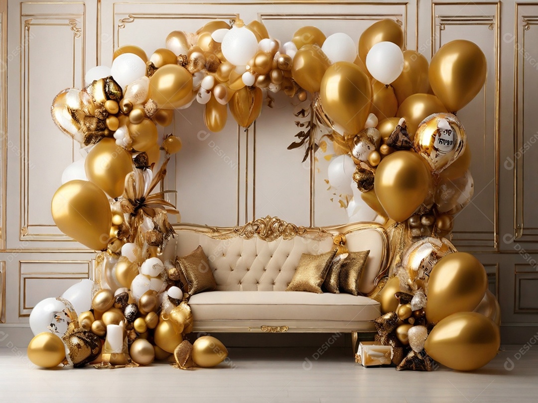 Cantinho aconchegante e dourado para fotos em evento