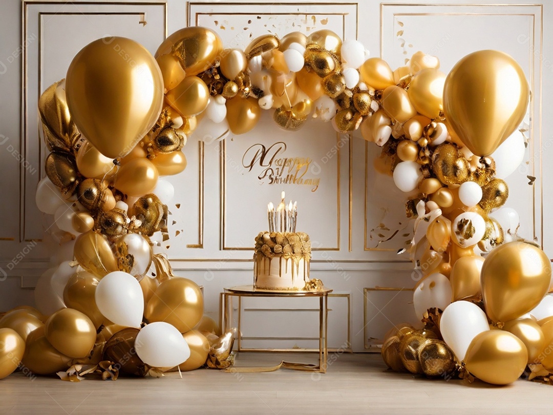 Decoração branca e dourada para aniversário