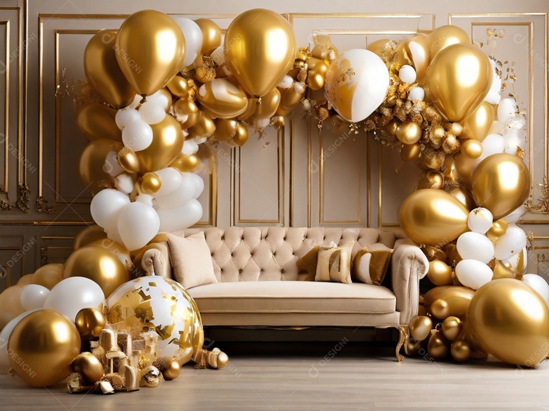 Cantinho aconchegante e dourado para fotos em evento