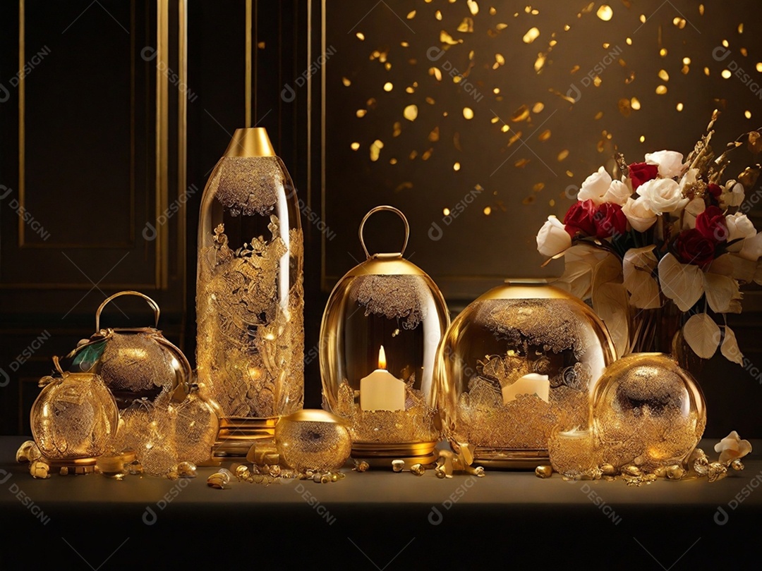 Castiçais dourados e brilhantes na mesa com flores