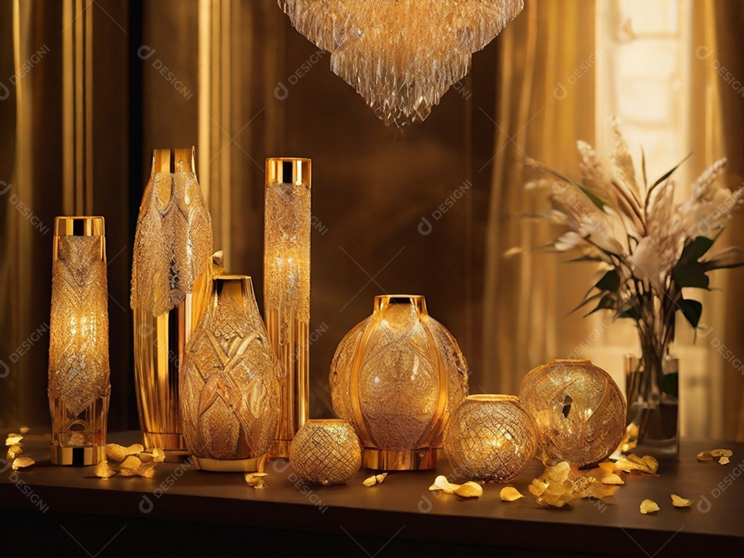 Jarros dourados perfeitos de enfeite sobre uma mesa