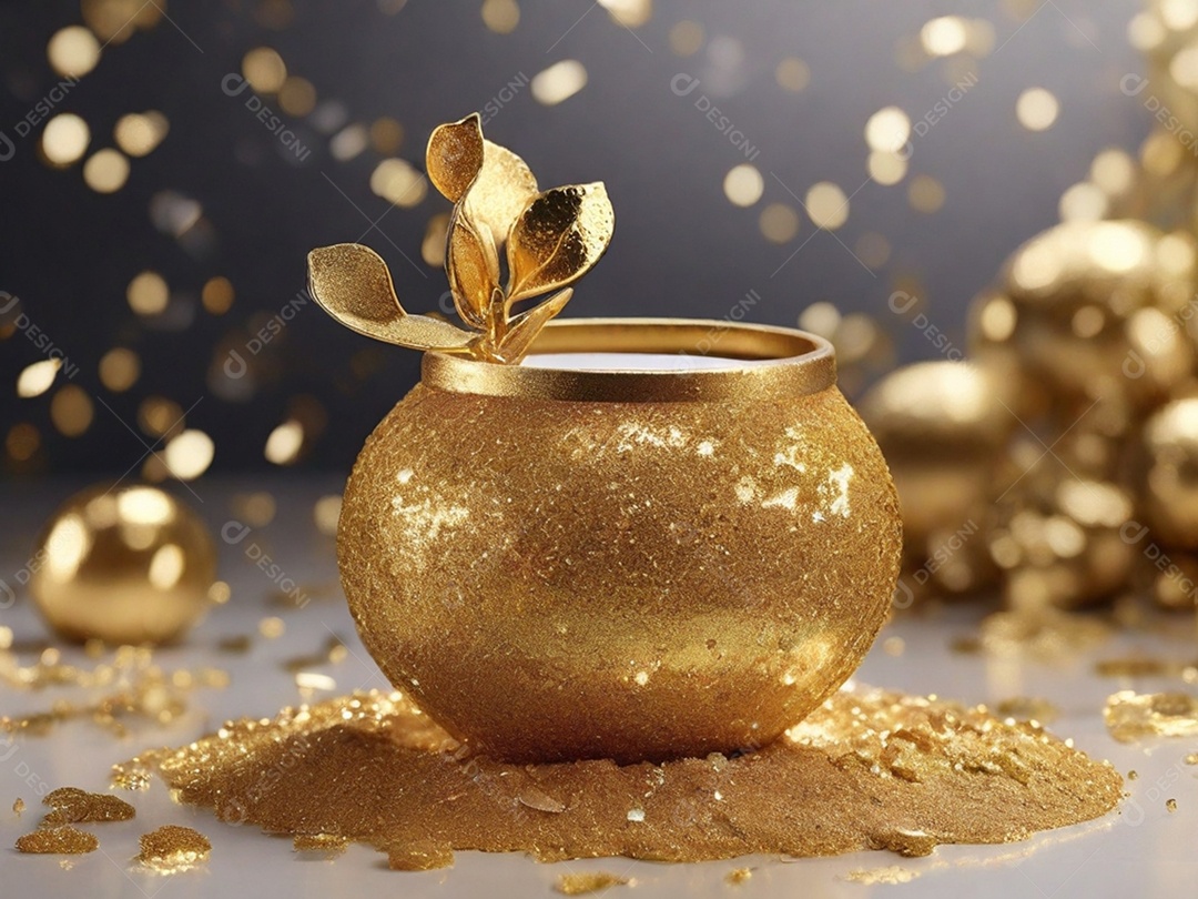 Pote com artesanato de folhas com glitter dourado