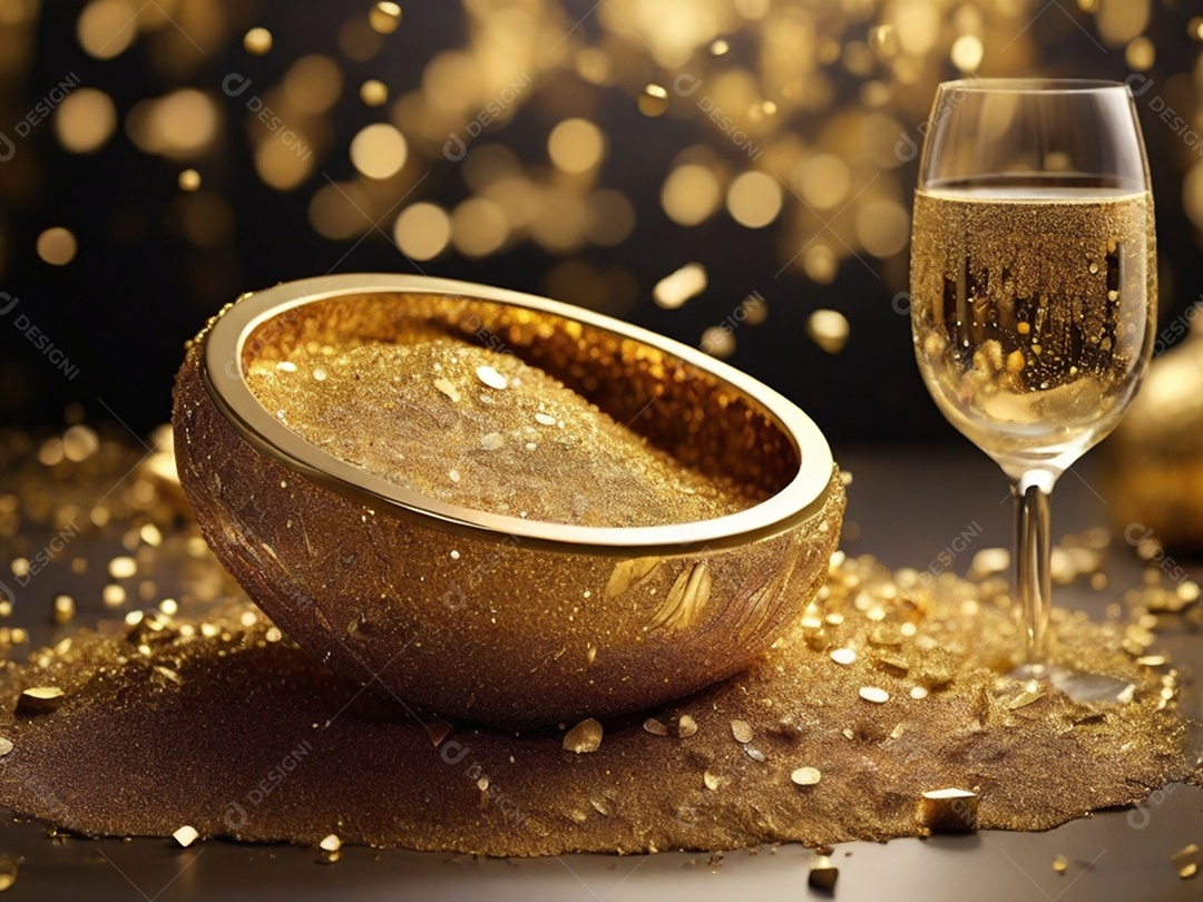 Pote com glitter e paetê dourados e taça de champanhe