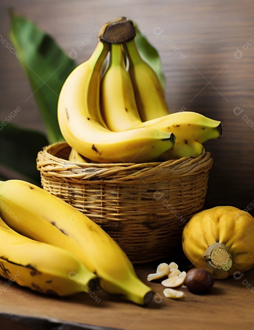 Bananas dentro de cesta de madeira