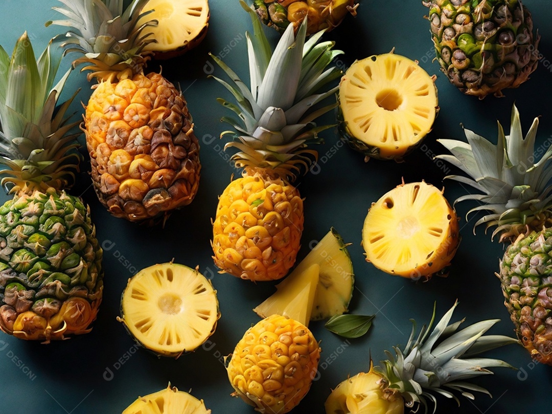 Muitas frutas sobre fundo verde