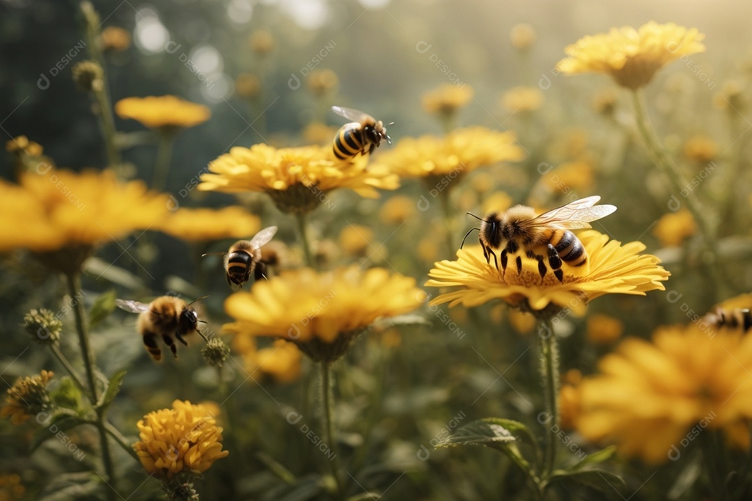 Muitas abelhas coletando nectar de flores