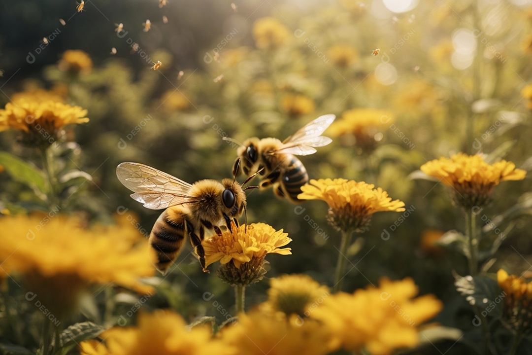 Abelhas rainhas coletando nectar de flores