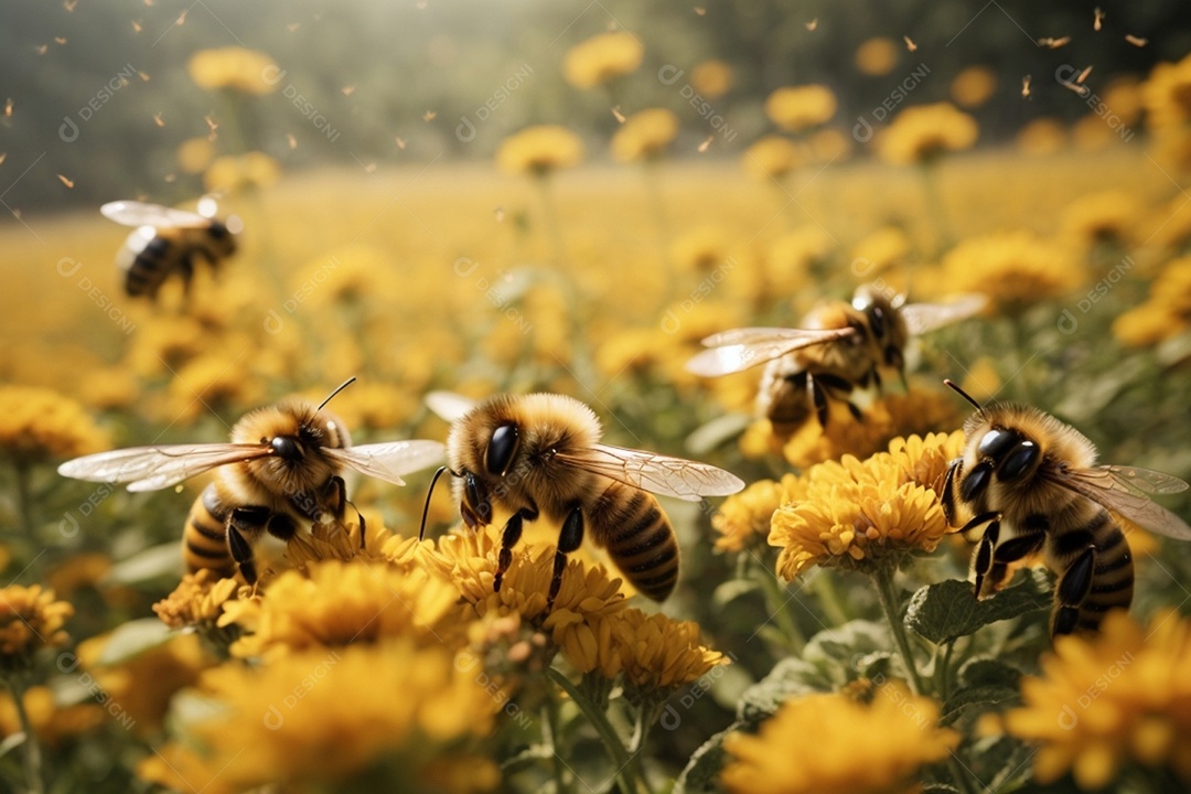 Muitas abelhas coletando nectar de flores