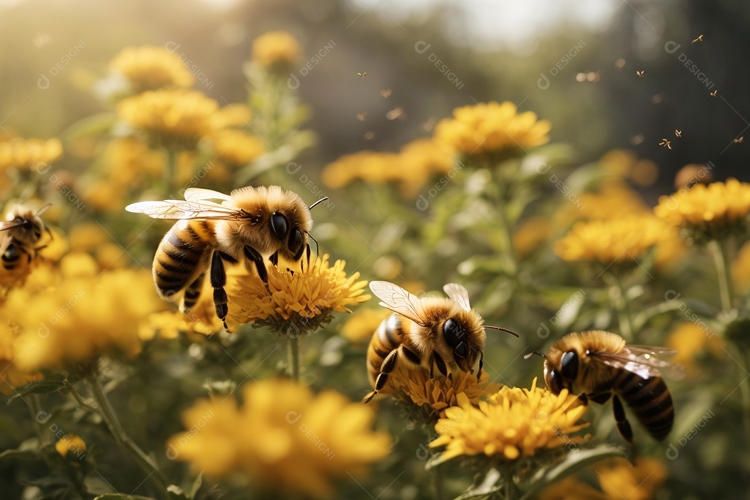 Abelhas voando e coletando nectar das flores em campo