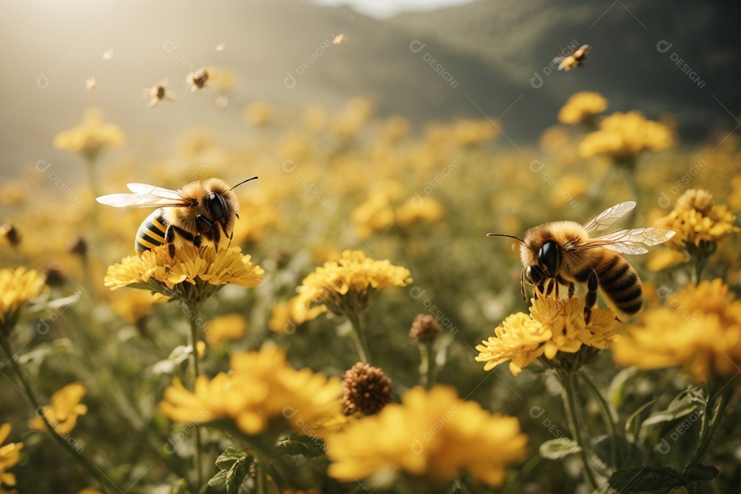 Abelhas voando e coletando nectar das flores em campo