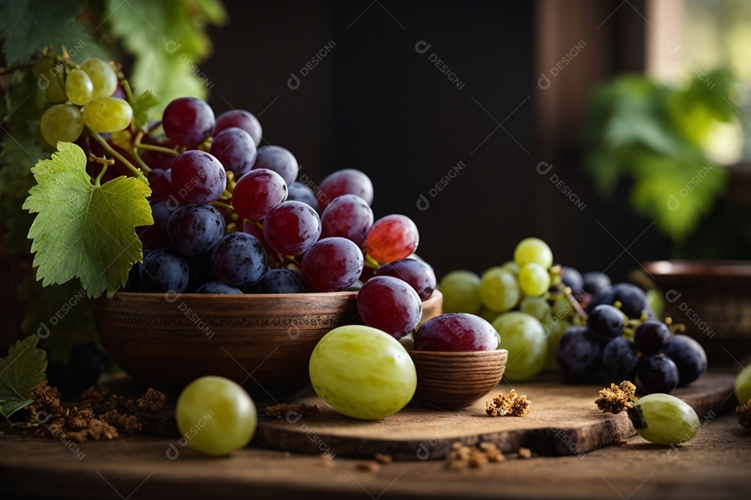 Tigela com muitas uvas sobre mesa de madeira