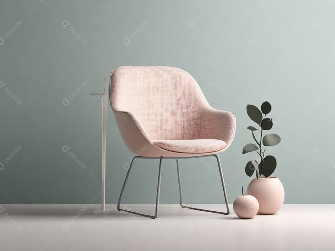 Cadeira linda rosa com vasos de plantas ao lado