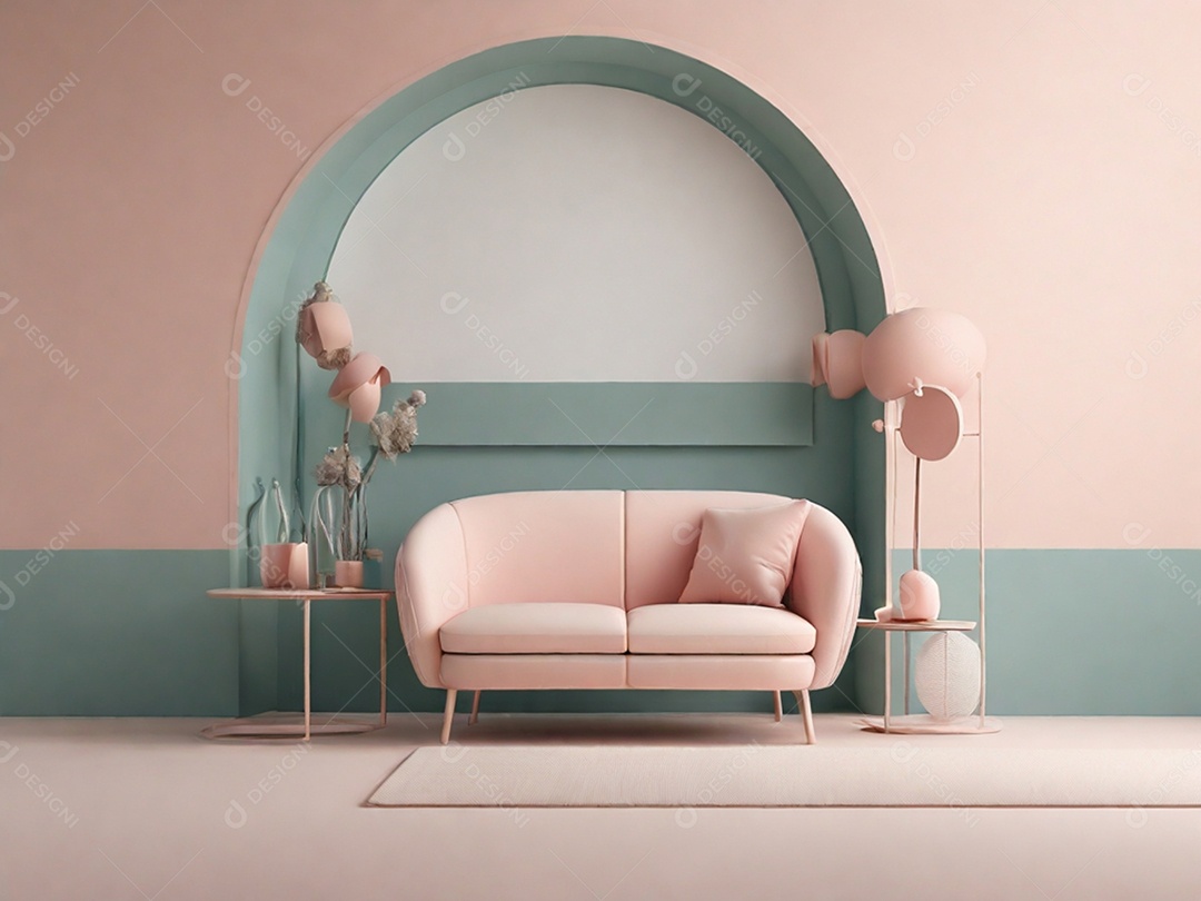 Sofá de dois lugares rosa com mesa e lustre moderno