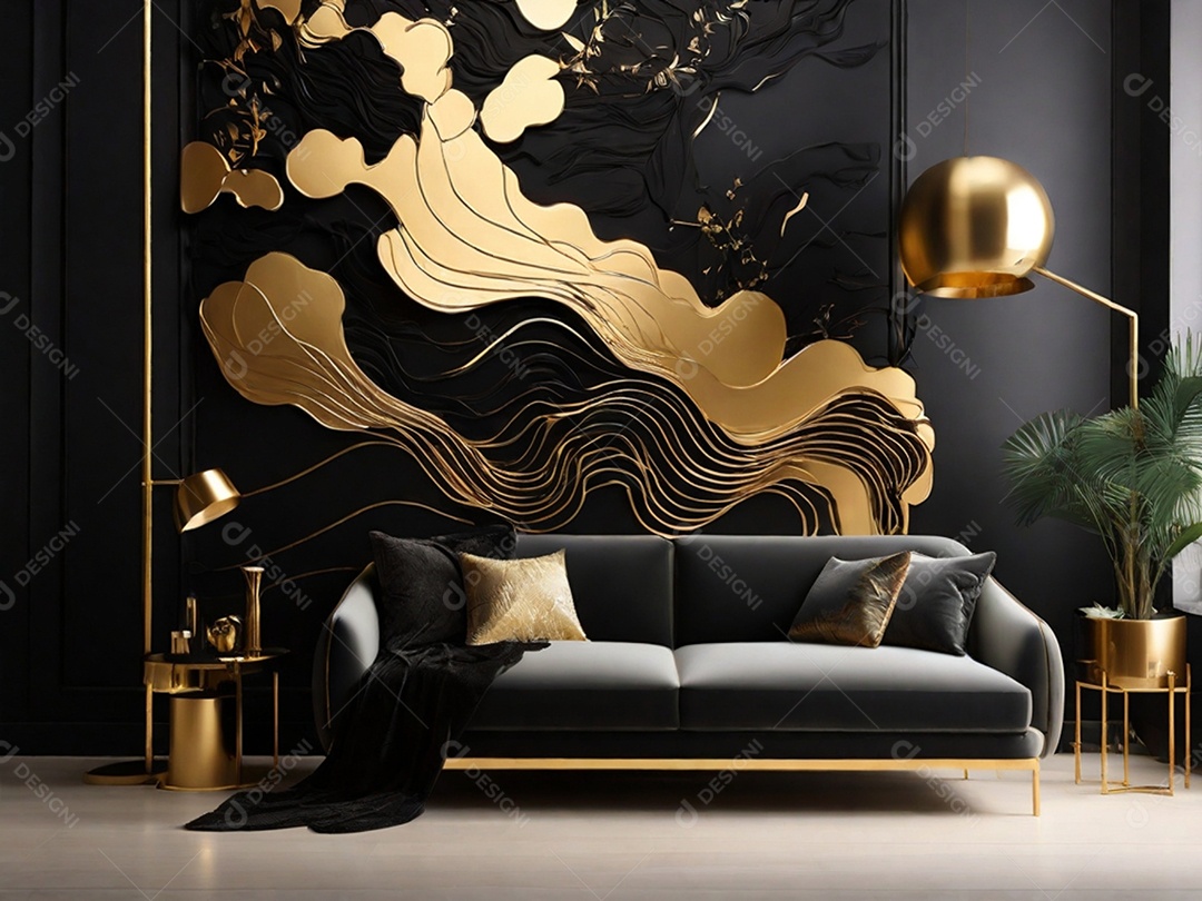 Decoração perfeita preta e dourada para sala ou recepção