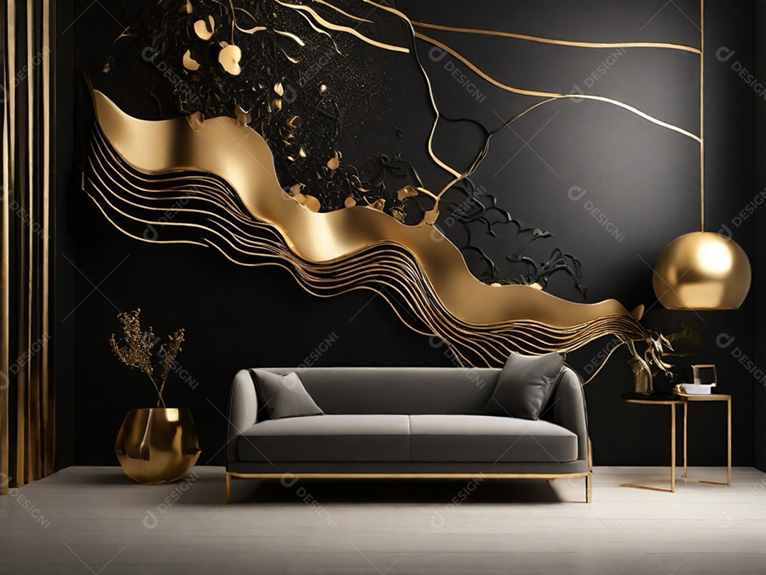 Uma sala perfeita com sofa mesa de centro jarros de flor e decoração preta dourado