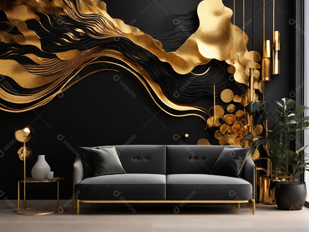 Sala com designer moderno preto com dourado