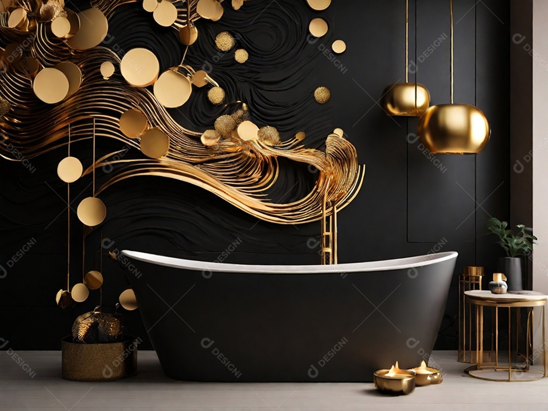 Banheiro moderno com decoração preta e dourada