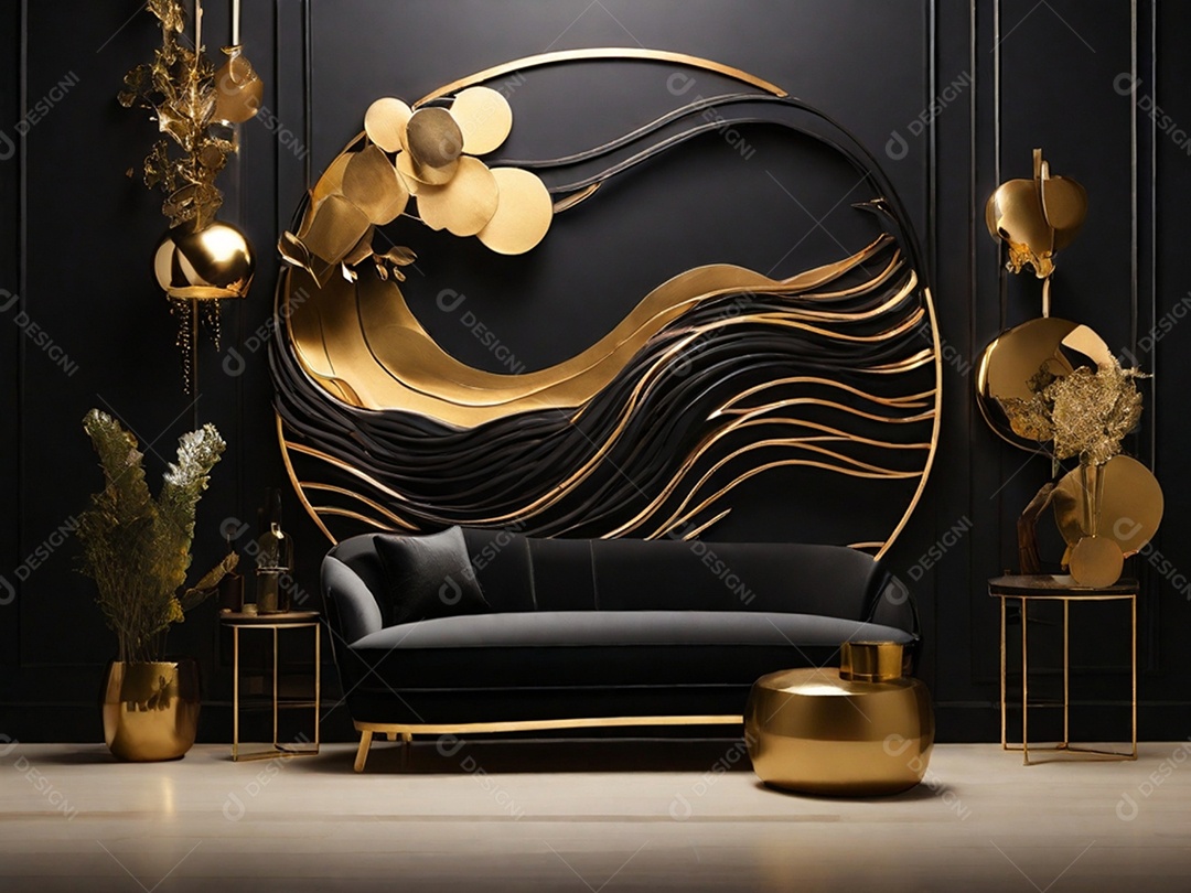 Sala com designer moderno preto com dourado