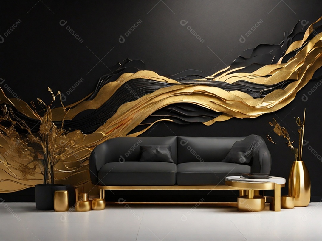 Sala com decoração dourada e preta perfeita