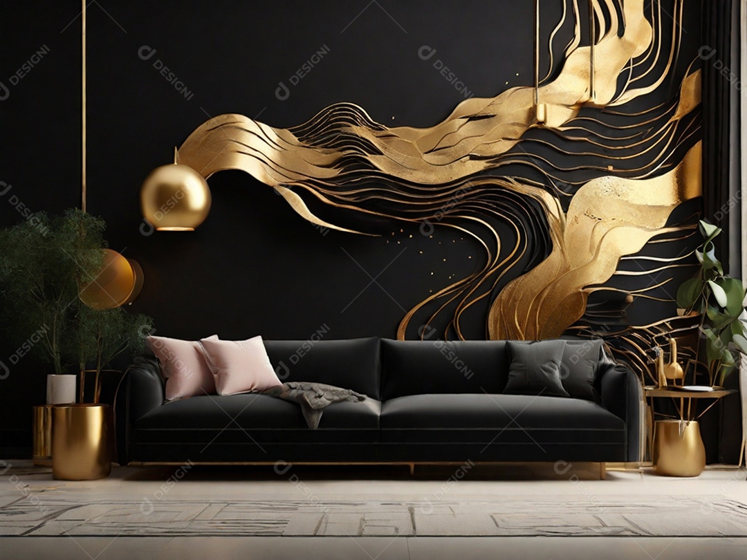 Sala com designer lindo e moderno preto com dourado