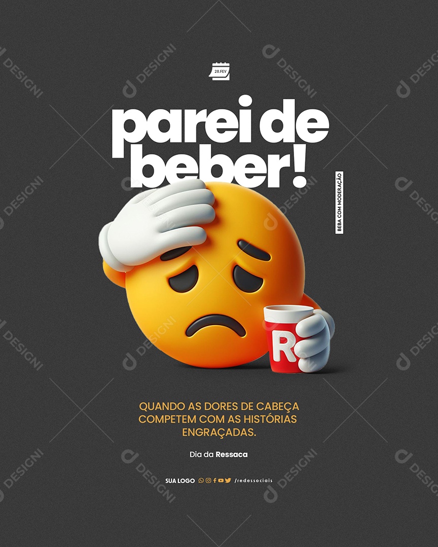 Dia da Ressaca 28 de Fevereiro parei de beber Social Media PSD Editável