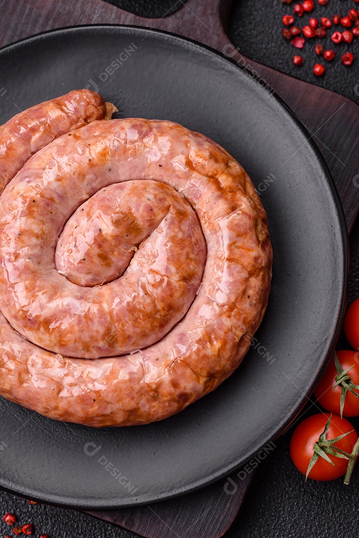 Deliciosa salsicha grelhada em forma de anel com sal, especiarias e ervas sobre fundo escuro de concreto
